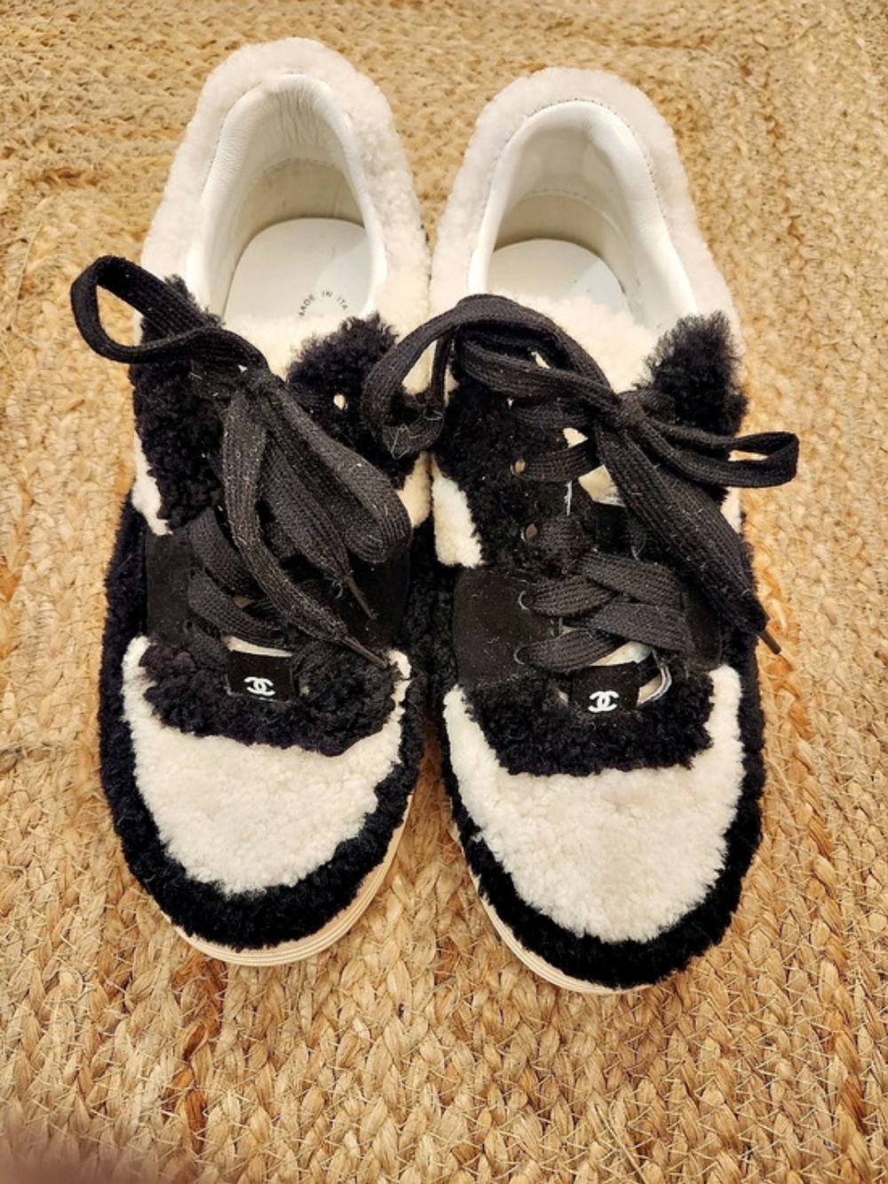 Chanel Black and White Shearling CC Logo Sneakers